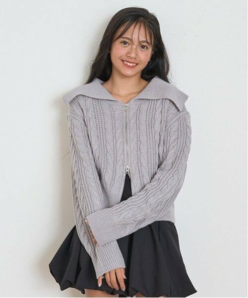 Lovetoxic / ラブトキシック カーディガン・ボレロ | 【洗える】ケーブルニットジップカーデ（トップ グレー）