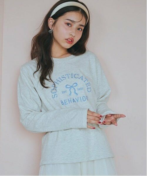 Lovetoxic / ラブトキシック Tシャツ | 【GOODPRICE】リボン刺しゅう長袖Tシャツ（シロ杢）