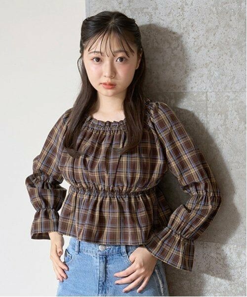 Lovetoxic / ラブトキシック シャツ・ブラウス | チェックオフショルブラウス（茶）