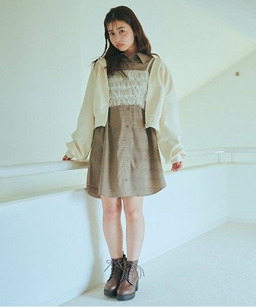 Lovetoxic / ラブトキシック ミニ丈・ひざ丈ワンピース | ビスチェ付グレンチェックシャツワンピース（茶）