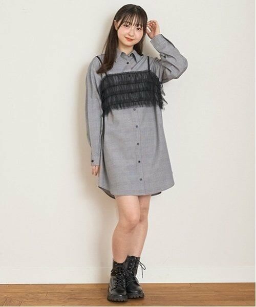 Lovetoxic / ラブトキシック ミニ丈・ひざ丈ワンピース | ビスチェ付グレンチェックシャツワンピース（グレー）