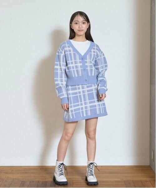 Lovetoxic / ラブトキシック カーディガン・ボレロ | ジャガードチェックセットアップ（サックス）