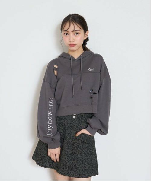 Lovetoxic / ラブトキシック パーカー | 【LTXC】ダメージクロップドパーカ（チャコール）