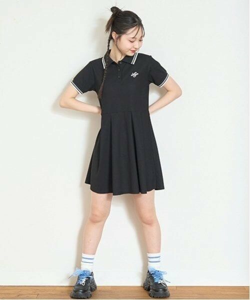 Lovetoxic / ラブトキシック ミニ丈・ひざ丈ワンピース | 半袖ポロワンピース（黒）