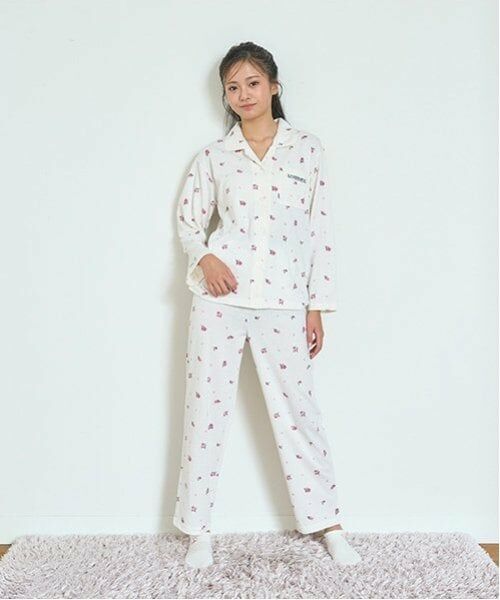 Lovetoxic / ラブトキシック ルームウェア | 【ルームウェア/パジャマ】小花柄長袖やわらかニットシャツ＆パンツセット（アイボリー）