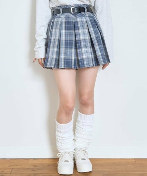 Lovetoxic / ラブトキシック ショート・ハーフ・半端丈パンツ | 【GOODPRICE】【イージーケア】ベルトつきチェックプリーツスカート（ブルー グレー）