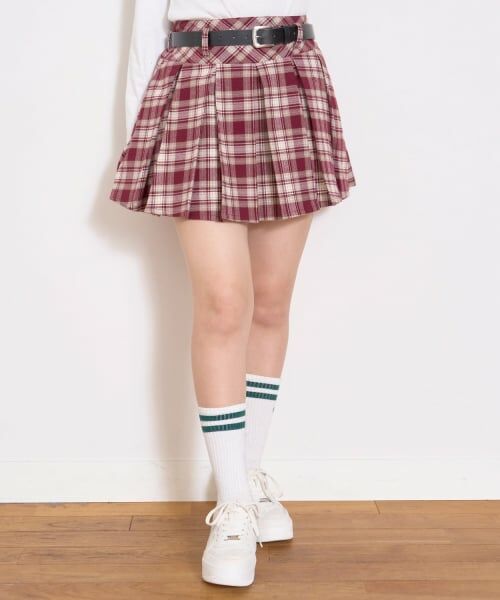 Lovetoxic / ラブトキシック ショート・ハーフ・半端丈パンツ | 【起毛】ベルトつきチェックプリーツスカート（赤）