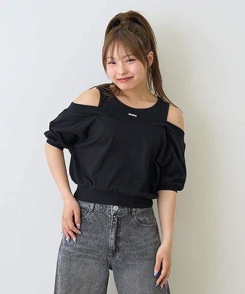 Lovetoxic / ラブトキシック Tシャツ | オフショルレイヤードTシャツ（黒）