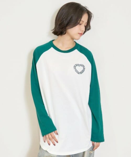 Lovetoxic / ラブトキシック Tシャツ | ハートラグランルーズ長袖Tシャツ（グリーン）