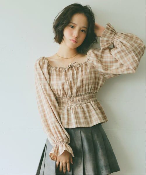 Lovetoxic / ラブトキシック シャツ・ブラウス | チェックオフショルブラウス（ベージュ）