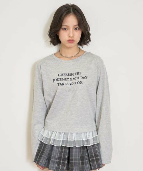 Lovetoxic / ラブトキシック Tシャツ | チュールペプラム長袖Tシャツ（トップ グレー）