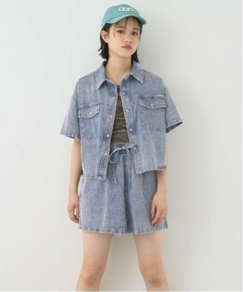 Lovetoxic / ラブトキシック シャツ・ブラウス | 【綿100％】デニム半袖シャツセットアップ（ブルー）