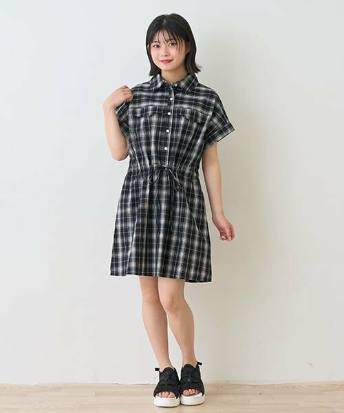Lovetoxic / ラブトキシック ミニ丈・ひざ丈ワンピース | 【綿100％】チェックフレンチスリーブシャツワンピ（黒）