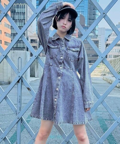 Lovetoxic / ラブトキシック ミニ丈・ひざ丈ワンピース | デニムシャツワンピース（ブルー）