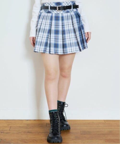 Lovetoxic / ラブトキシック ミニ・ひざ丈スカート | 【イージーケア】ベルトつきチェックプリーツスカート（ブルー）