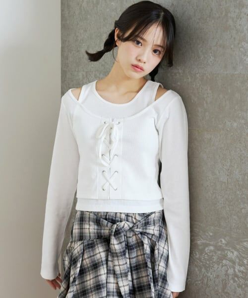 Lovetoxic / ラブトキシック Tシャツ | レースアップテレコ長袖シャツ（オフ ホワイト）