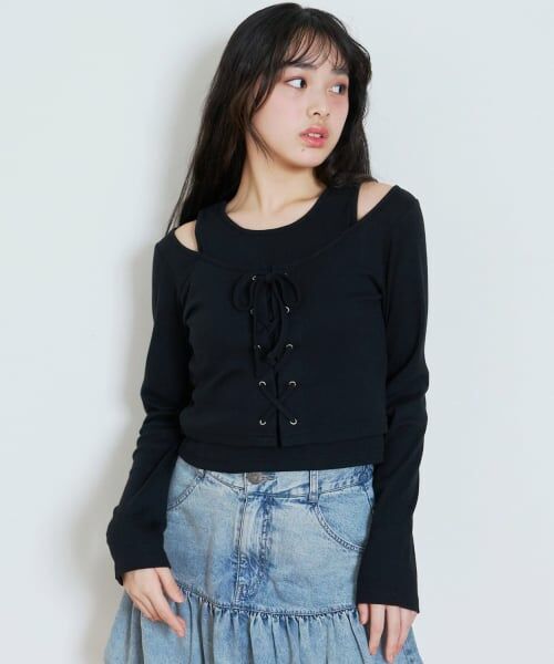 Lovetoxic / ラブトキシック Tシャツ | レースアップテレコ長袖シャツ（黒）