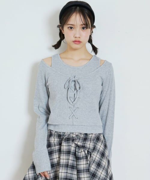 Lovetoxic / ラブトキシック Tシャツ | レースアップテレコ長袖シャツ（トップ グレー）