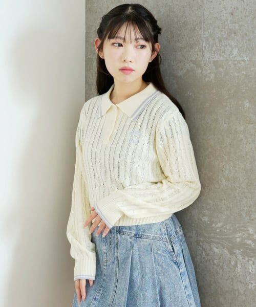 Lovetoxic / ラブトキシック ニット・セーター | 【洗える】ケーブル長袖ポロニット（アイボリー）