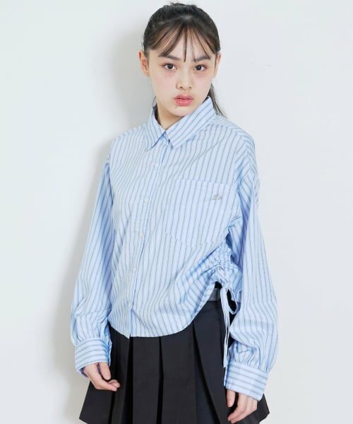 Lovetoxic / ラブトキシック シャツ・ブラウス | 短丈ドロストストライプシャツ（ブルー）