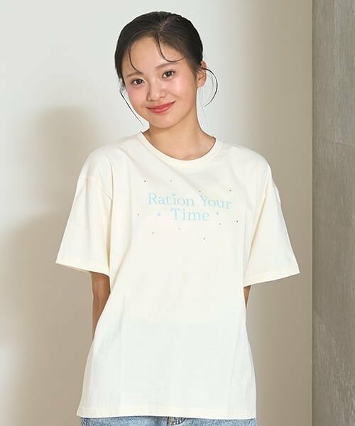 Lovetoxic / ラブトキシック Tシャツ | 【7days】【GOODPRICE】【綿100％】ロゴラインストーンTシャツ（アイボリー）
