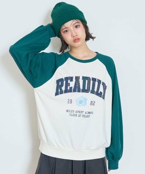 Lovetoxic / ラブトキシック スウェット | 【7days】ラグランチェックロゴトレーナー（アイボリー）