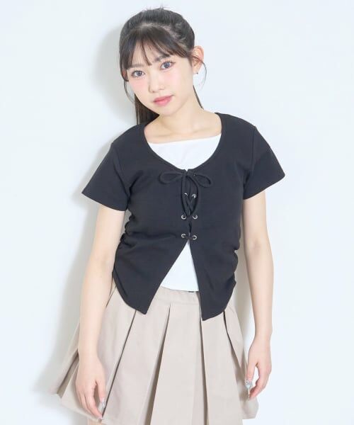 Lovetoxic / ラブトキシック Tシャツ | レースアップテレコ半袖T（黒）