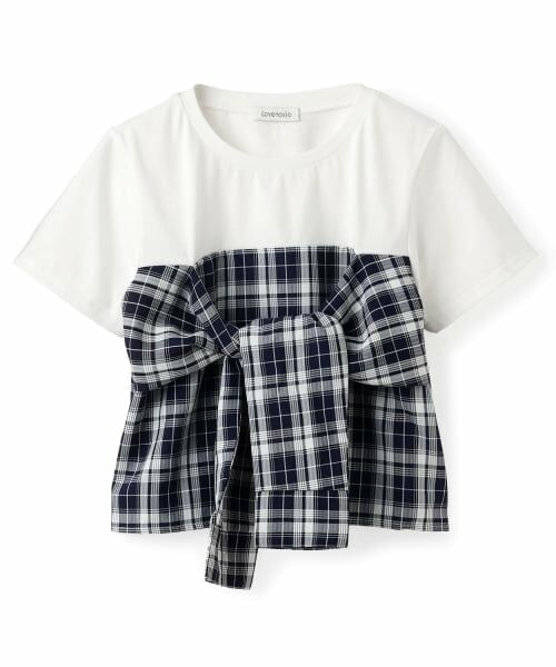 Lovetoxic / ラブトキシック Tシャツ | サマ見えベアスリーブチェックドッキング半袖T（紺）