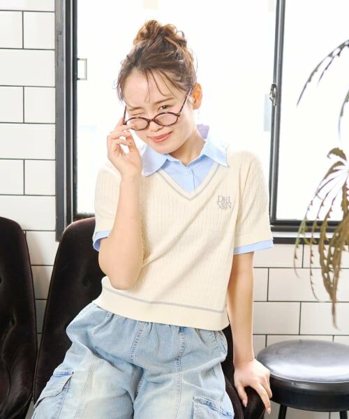 Lovetoxic / ラブトキシック ニット・セーター | 【洗える】フェイクレイヤード半袖ニットシャツ（アイボリー）