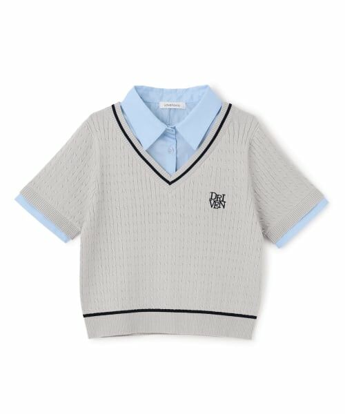 Lovetoxic / ラブトキシック ニット・セーター | 【洗える】フェイクレイヤード半袖ニットシャツ（グレー）