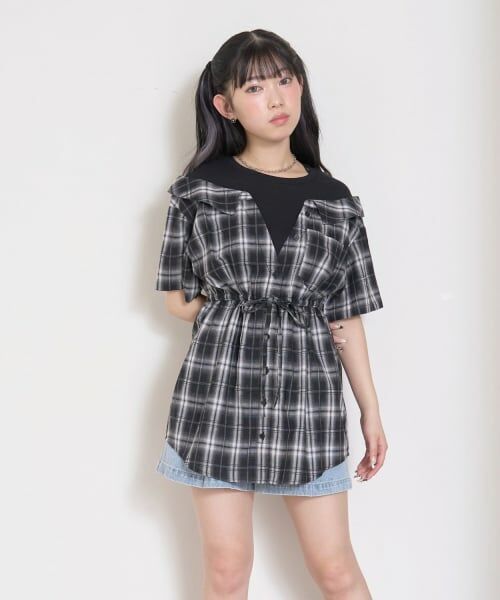 Lovetoxic / ラブトキシック ミニ丈・ひざ丈ワンピース | シャツドッキングプルチュニックワンピ（黒）