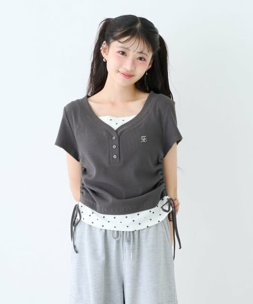 Lovetoxic / ラブトキシック Tシャツ | 【LTXC】柄キャミレイヤード半袖テレコ（チャコール）