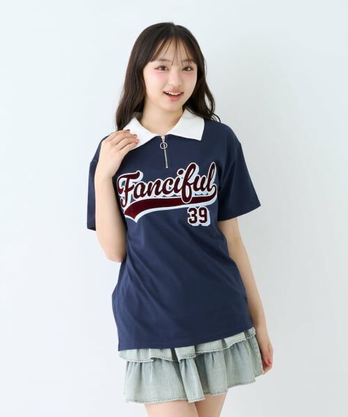 Lovetoxic / ラブトキシック Tシャツ | 【LTXC/綿100%】ルーズハーフジップ半袖T(紺)