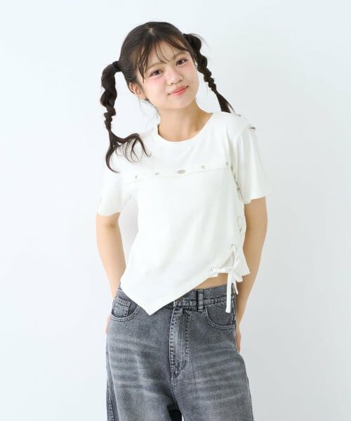 Lovetoxic / ラブトキシック Tシャツ | 【LTXC/綿100%】サマ見えサイドレースアップピグメント半袖T(オフ ホワイト)
