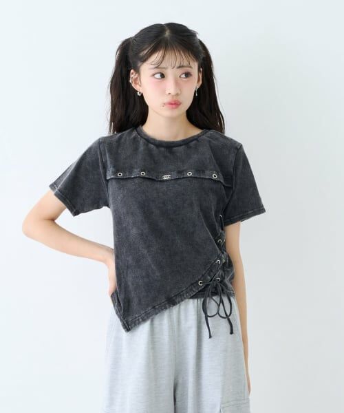 Lovetoxic / ラブトキシック Tシャツ | 【LTXC/綿100%】サマ見えサイドレースアップピグメント半袖T(チャコール)