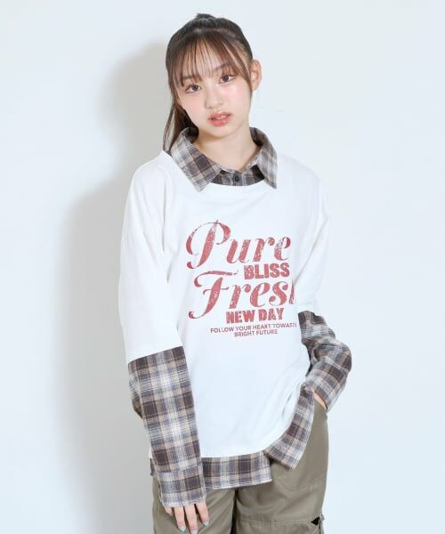 Lovetoxic / ラブトキシック ミニ丈・ひざ丈ワンピース | 【LTXC】フェイクレイヤードチェックシャツチュニックワンピ(オフ ホワイト)