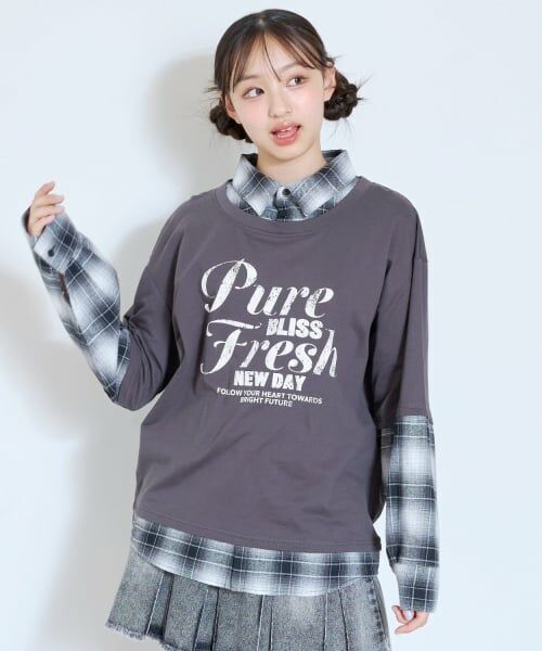 Lovetoxic / ラブトキシック ミニ丈・ひざ丈ワンピース | 【LTXC】フェイクレイヤードチェックシャツチュニックワンピ(チャコール)