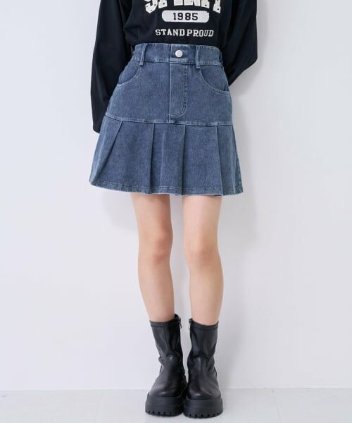 Lovetoxic / ラブトキシック ショート・ハーフ・半端丈パンツ | 【みんなの声/ストレッチ】デニムライクカットプリーツスカート(ブルー)