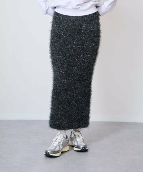 LUKU nari / ルクナーリ ミニ・ひざ丈スカート | フリンジニットスカート（チャコール）
