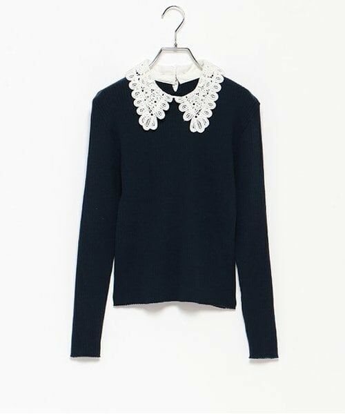 LUKU nari / ルクナーリ ニット・セーター | エリ刺繍ニットプルオーバー（紺）