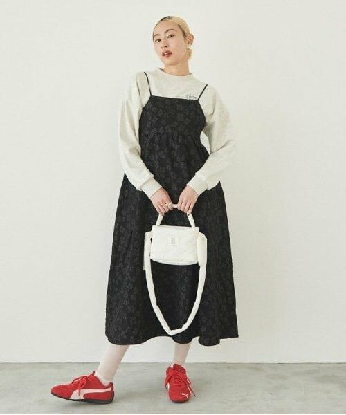 LUKU nari / ルクナーリ ミニ丈・ひざ丈ワンピース | 花ジャガードキャミワンピース（黒）