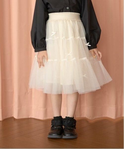 Lycee mine / リセマイン ミニ・ひざ丈スカート | 【新色追加】リボン付きティアードチュールスカート（アイボリー）