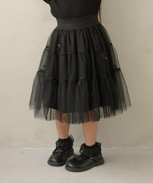 Lycee mine / リセマイン ミニ・ひざ丈スカート | 【新色追加】リボン付きティアードチュールスカート（黒）