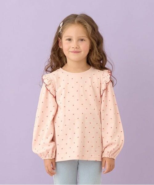 Lycee mine / リセマイン Tシャツ | 【型崩れしないやわらかコットン】フリル付きボリュームスリーブ総柄Tシャツ（ピンク）