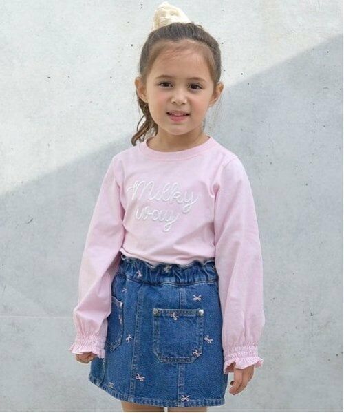 Lycee mine / リセマイン Tシャツ | 【ソフトコットン】ロゴ刺しゅうボリュームスリーブトップス（ライト ピンク）