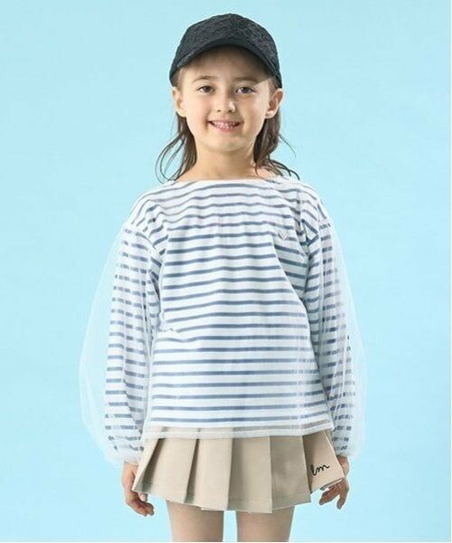 Lycee mine / リセマイン Tシャツ | 【ソフトコットン】チュール重ねボーダーボートネックTシャツ（ブルー）