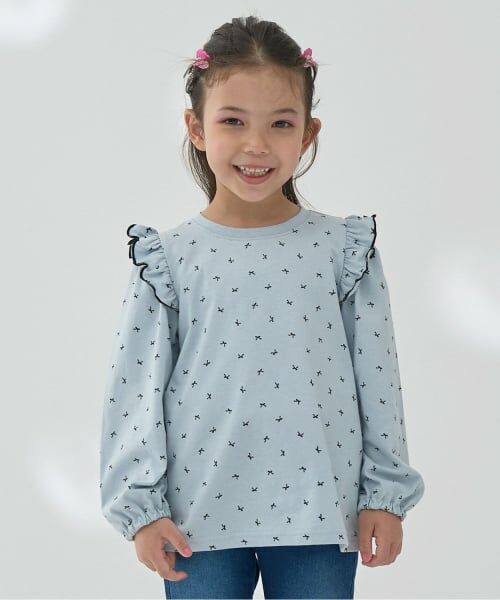 Lycee mine / リセマイン Tシャツ | 【ソフトコットン】フリル付きボリュームスリーブアソート総柄Tシャツ（ブルー グレー）