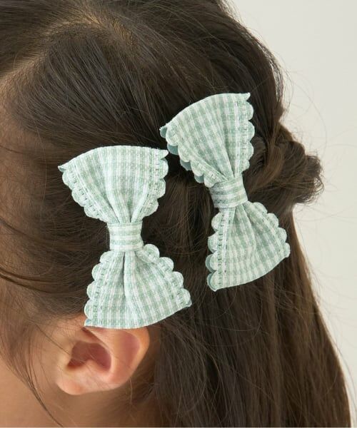 Lycee mine / リセマイン ヘアピン | スカラップギンガムチェックリボンヘアクリップ(2コセット)（エメラルドグリーン）