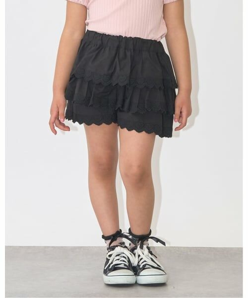 Lycee mine / リセマイン ショート・ハーフ・半端丈パンツ | ハート刺しゅうスカラップティアードスカパン（黒）
