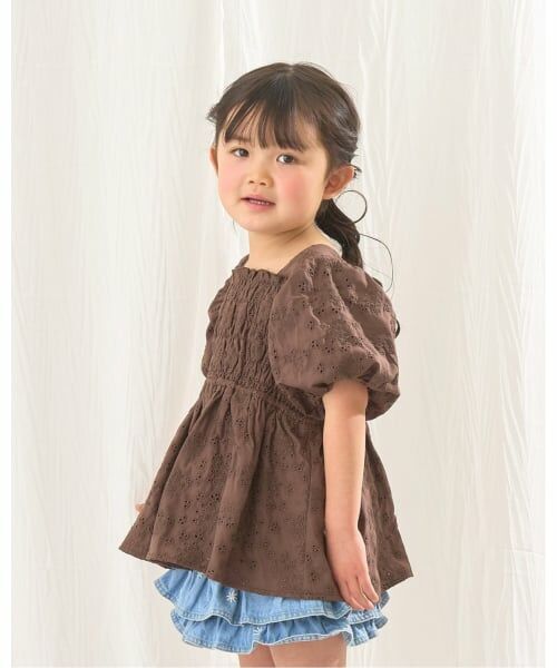 Lycee mine / リセマイン シャツ・ブラウス | コットンレースパフスリーブシャーリングブラウス（コゲ茶）